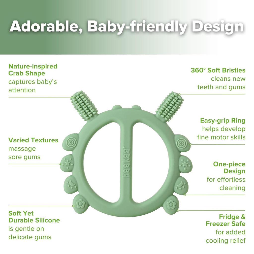 Haakaa Silicone Crab Baby Teether,Teething Toys,360° Baby Toothbrush Head for Infant Self-Brushing Training,Food-Grade Silicone,Pea Green