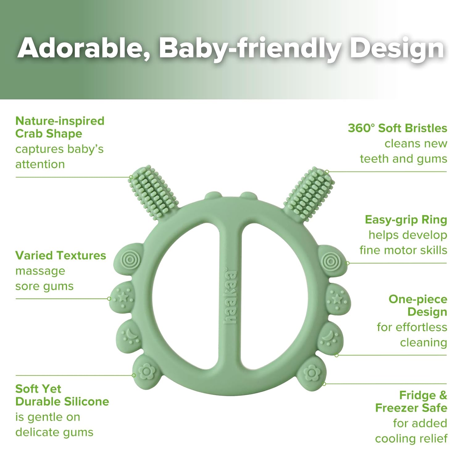 Haakaa Silicone Crab Baby Teether,Teething Toys,360° Baby Toothbrush Head for Infant Self-Brushing Training,Food-Grade Silicone,Pea Green