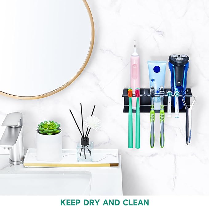 Electric Toothbrush Head Holders, Electric Toothbrush Holders Wall Mounted, Shower Electric Head Holder, Toothbrush and Toothpaste Holder, Adhesive Tooth Brushing Holder for Bathroom (Black, Large)