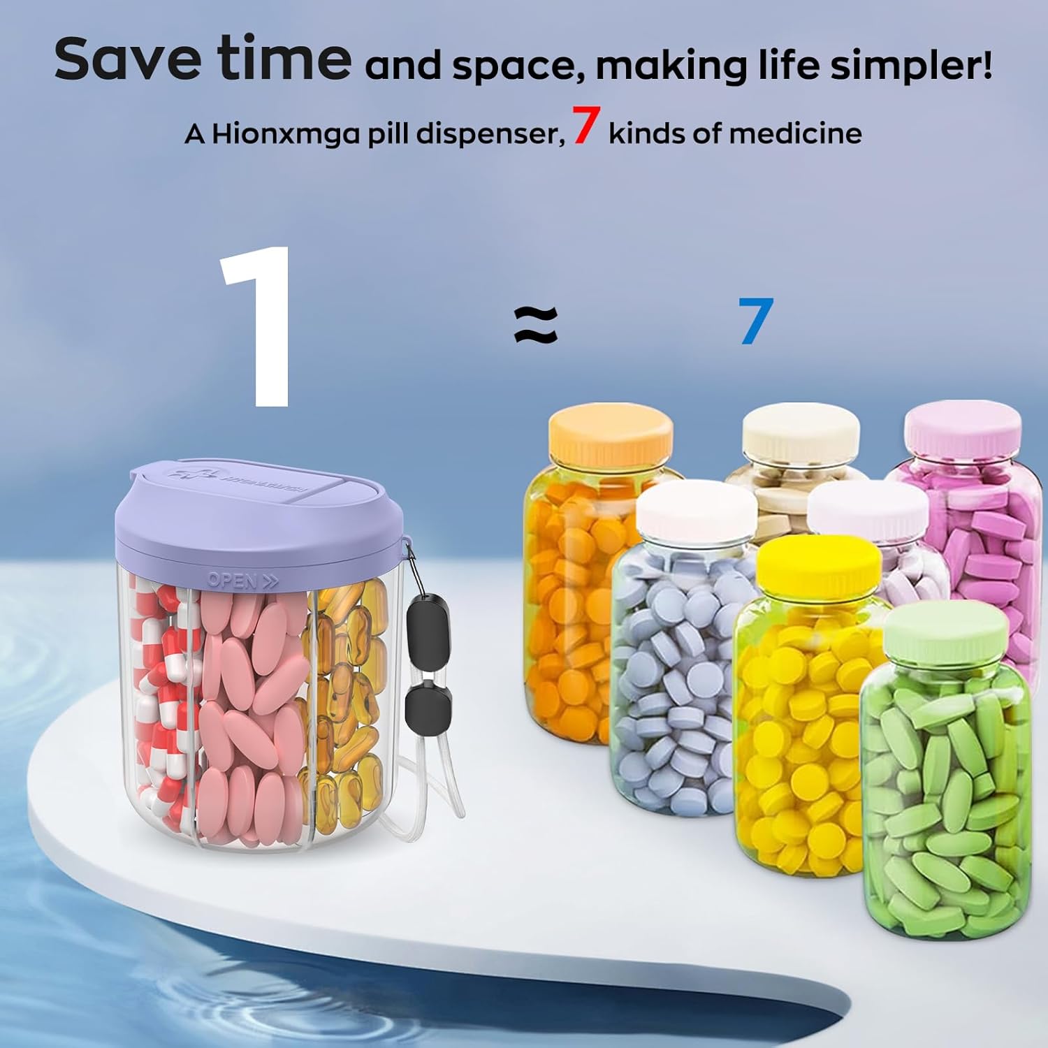 Pill Dispenser with 7 Large Compartments, Pill Organizer for Travel, Supplement Organizer with Anti-Mixing Design, BPA-Free Pill Container with 20 Pcs Labels, Purple