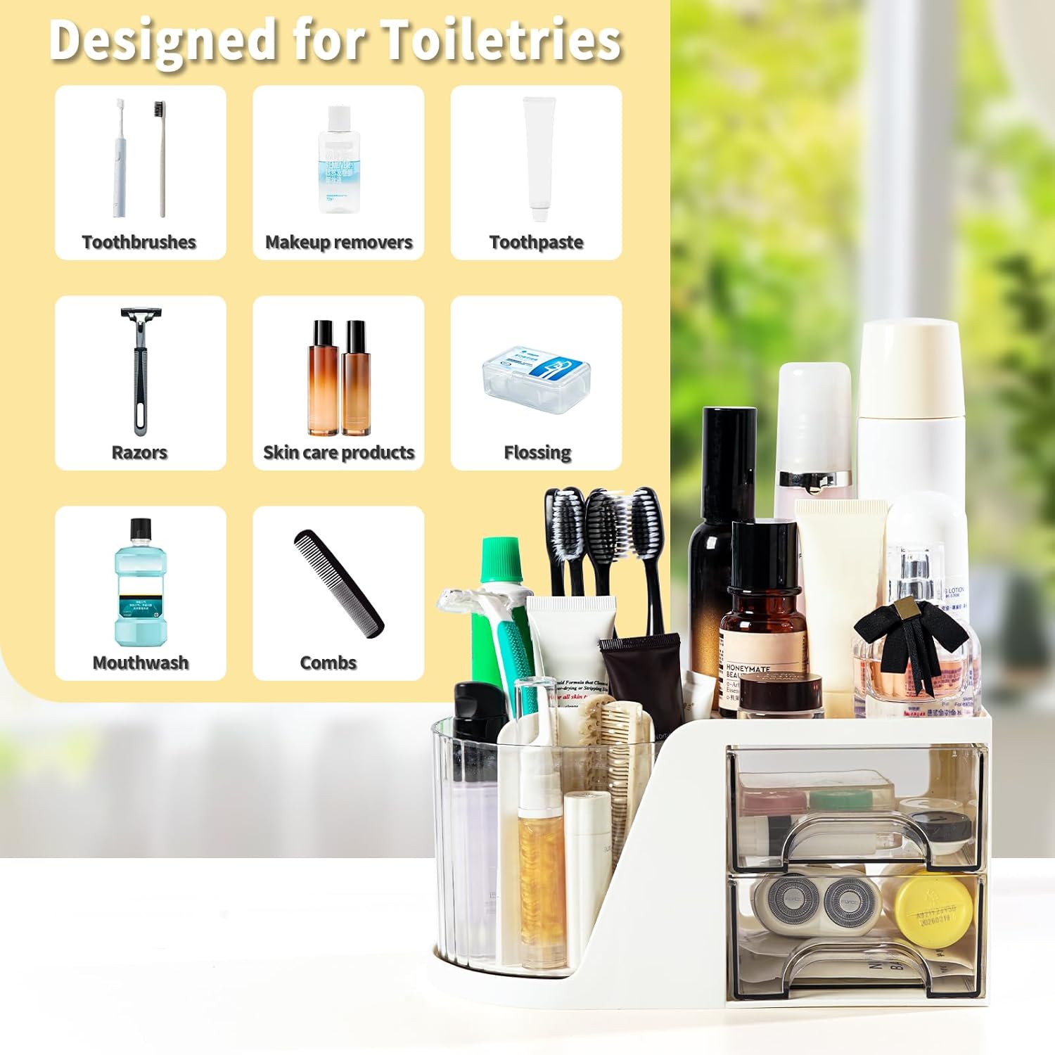 Toothbrush Holders for Bathrooms, Rotating Bathroom Countertop Organizer with 2 Drawers, Tooth Brush Toothpaste Holder, Bathroom Counter Organizer Caddy for Vanity Makeup Brush Holder