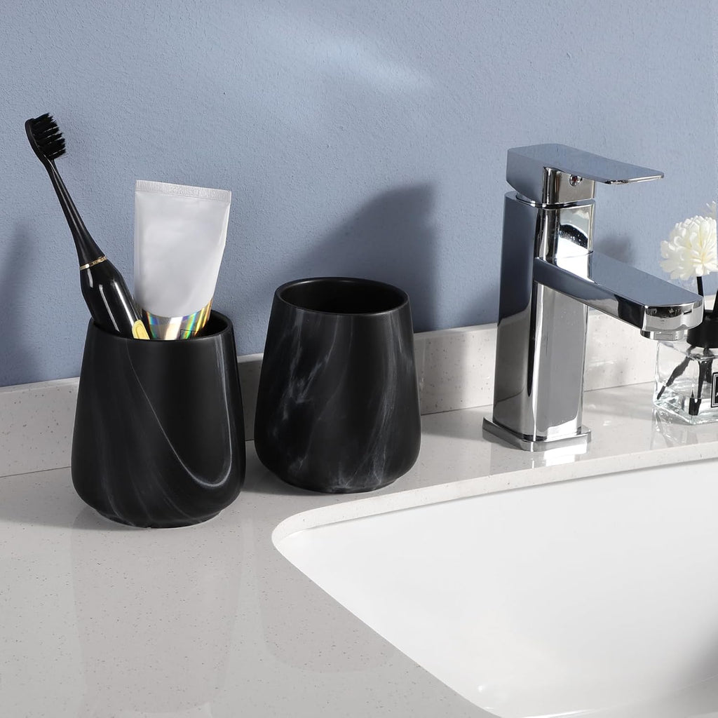 Marble Black Toothbrush Holder for Bathroom - Ceramic Tooth Brushing Holders, Toothbrush Cup, Toothpaste Organizer for Bathroom Countertop, Makeup Brush Holder, Pen Holder for Home Desktop Storage