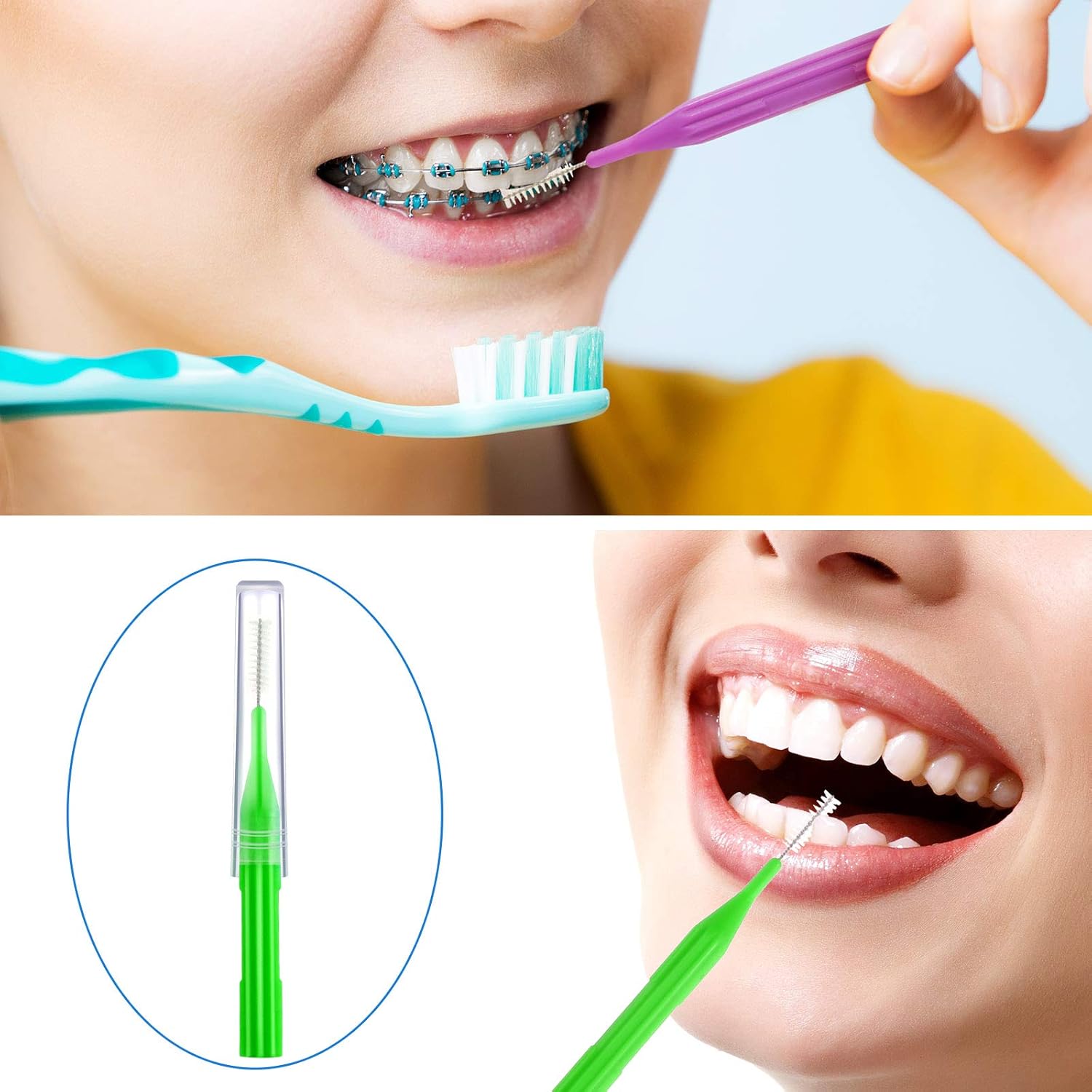 100 Pieces Braces Brush for Cleaner Interdental Brush Toothpick Dental Flossing Head Oral Hygiene Flosser Tooth Cleaning Tool (Light Blue, Yellow, Gray, Purple, Green)