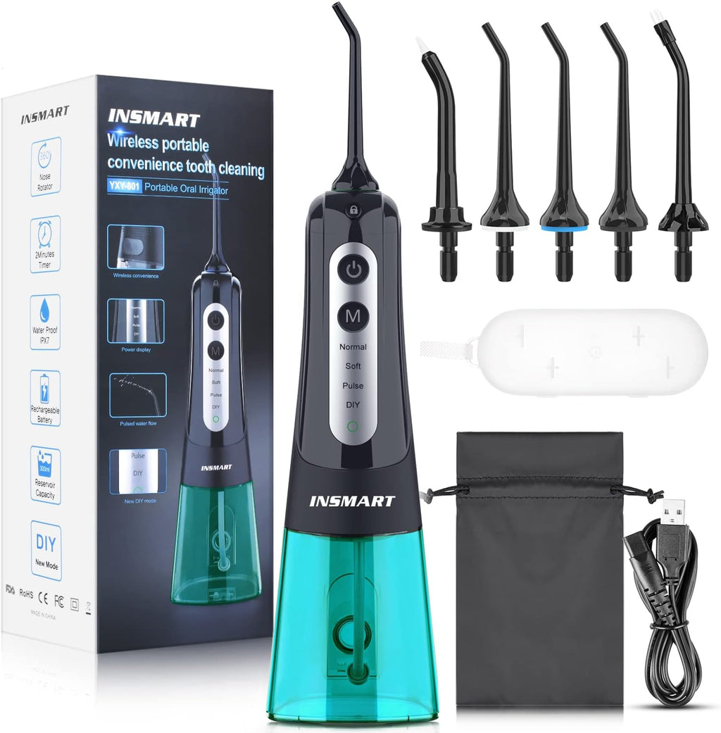 Cordless Water Dental Flosser Teeth Cleaner with Tips Case, INSMART Professional 300ML Tank DIY Mode USB Rechargeable Oral Irrigator for Home and Travel, IPX7 Waterproof 4 Modes Irrigate for Oral Care