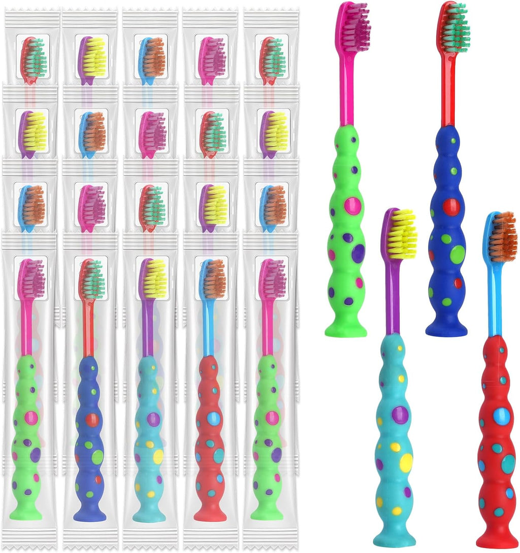100 Pack Kids Toothbrush Soft bristles Toddler Lovely Toothbrush with Suction Cup Bulk, Includes Travel Covers, Individually Wrapped Toothbrushes for Kid Home School Daycare Camp (Candy)
