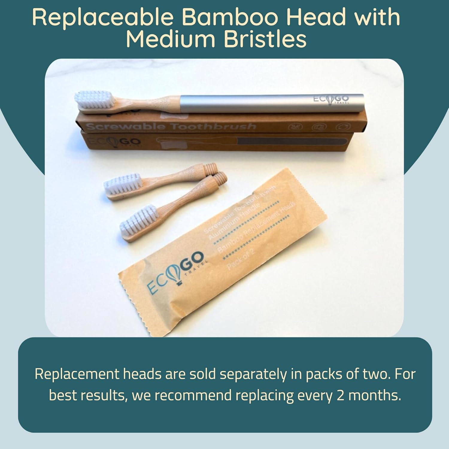 Screwable Toothbrush with Bamboo Head & Aluminum Handle – Eco-Friendly, Compact, Travel-Ready, Self-Standing, Durable, Replaceable Heads for Sustainable Oral Care