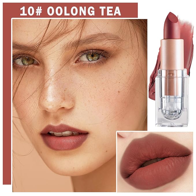 Matte Nude Lipstick Velvet Lip Gloss Non-Fading Non-Sticky Cup Nude Lipstick Matte Lip Stain Long Lasting Waterproof Lipstick for Women Girls Daily Lip Makeup-610 Oolong Tea
