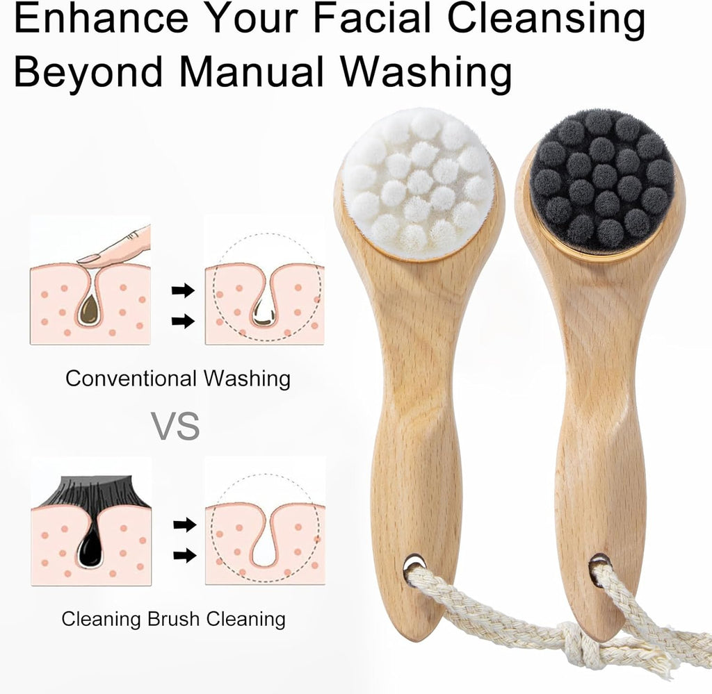 2 Pcs Face Scrubber with Wooden Handle, Facial Cleansing Brushes Face Wash Brush for Deep Pore Cleansing and Exfoliating, Ultra Soft Bristles Manual Dry Brush for Face Care