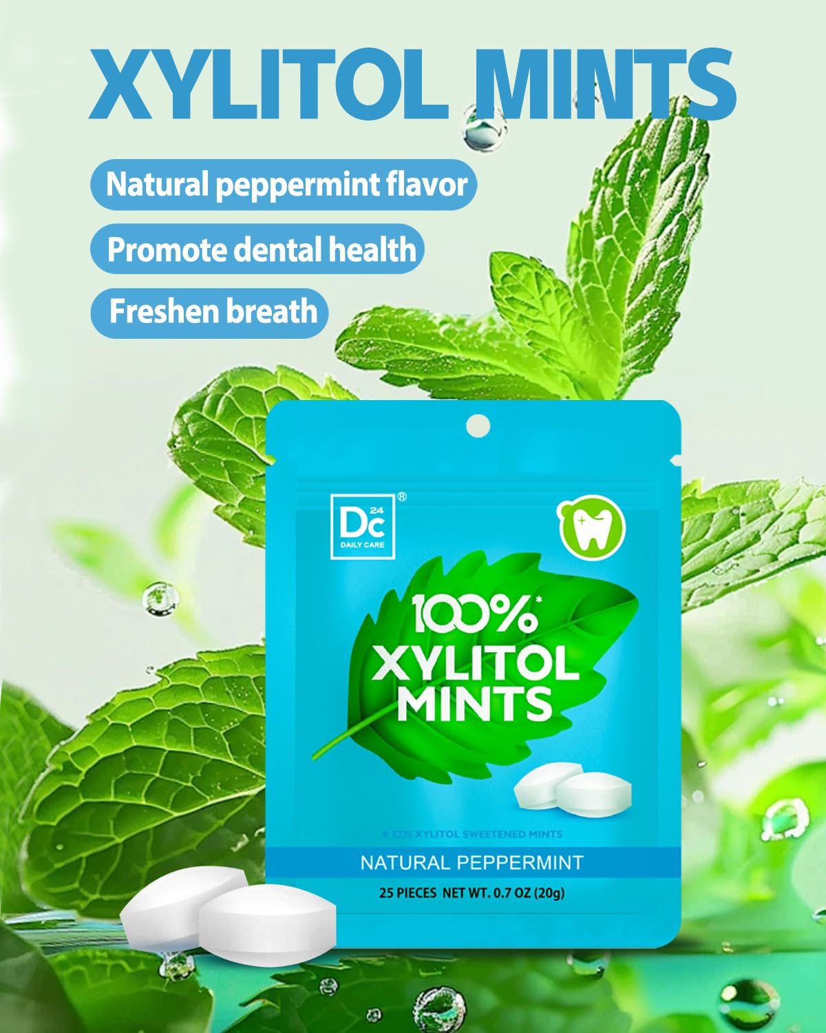 DC24 DAILY CARE 100% Xylitol Mints | Aspartame Free, Sugar Free, Vegan, Gluten Free & Keto Friendly | Natural Peppermint Flavored Mints, 25 Piece-Pack, 4 Packs