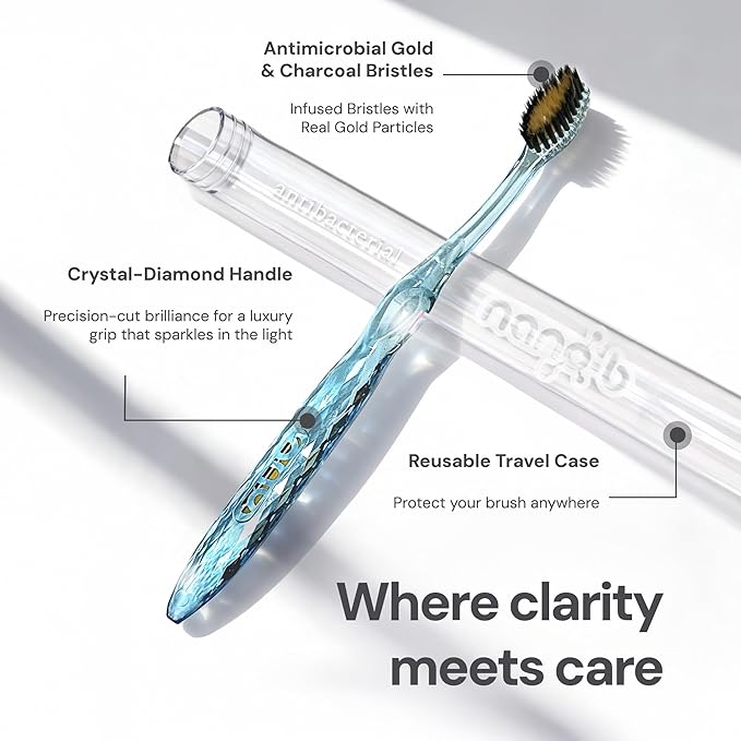 Nano-b Manual Toothbrush Set for Adults with Sensitive Gums, Gold & Charcoal Soft/Medium Bristles, Travel Cases, Blue, Pink, Green, Crystal, 8-Pack