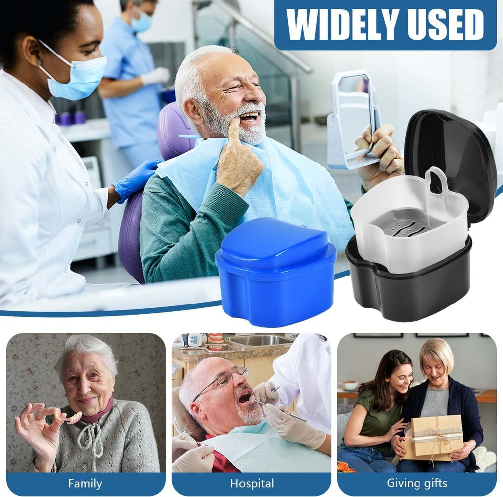 2 Pack Colors Denture Bath Case Cup Box Holder Storage Soak Container with Strainer Basket for Travel Cleaning (Blue and Black)
