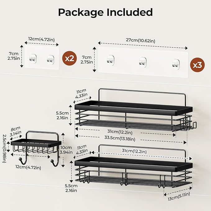 Orimade Adhesive Shower Caddy Soap Dish Holder Shelf with 5 Hooks Bathroom Organizer Basket Kitchen Storage Rack Wall Mounted No Drilling Stainless Steel - 3 Pack, Black
