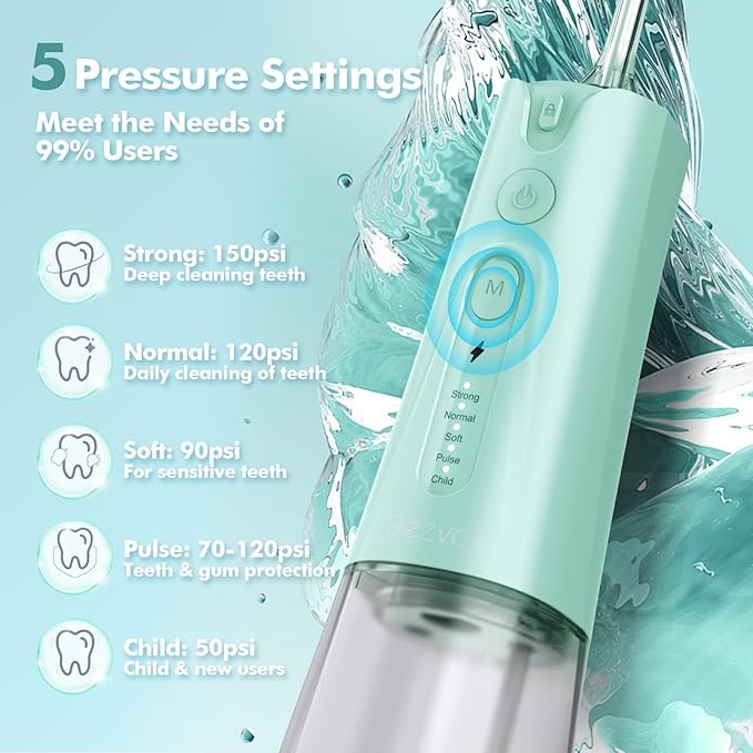 Water Flosser Teeth Pick: 5 Modes Cordless Water Dental Floss 300ML Portable Rechargeable IPX7 Waterproof Electric Water Flossing Cleaning Picks with 6 Jet Tips Oral Irrigator, Mint Green