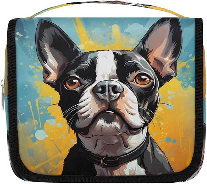 Hanging Toiletry Bag for Women Men Travel Boston Terrier Dog Art Painting Makeup Organizer with Compartments, Waterproof Portable Cosmetic Bag with Hook and Handle