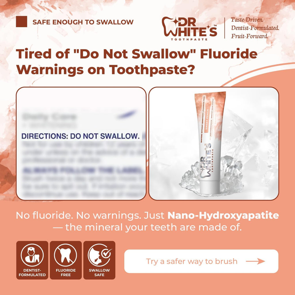 Dr. White’s Fluoride-Free nHA Toothpaste 3-Pack; Dentist-Formulated, Nano Hydroxyapatite + Xylitol, Sensitivity Relief Complex™, Mint-Free, Enamel Safe, Swallow-Safe (3.5 Oz, Sweet Peach)