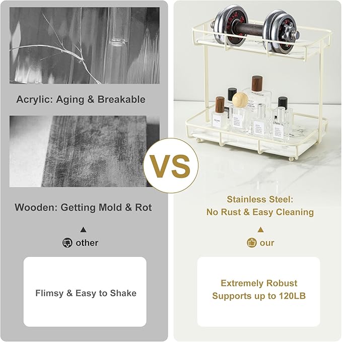 Bathroom Organizer Countertop Perfume Organizer Makeup Organizer Cosmetics Storage Display Rack Vanity Tray Dresser Stainless Steel Gold Shelf White Marble Ceramic Tray (2 Tier L-Cream)