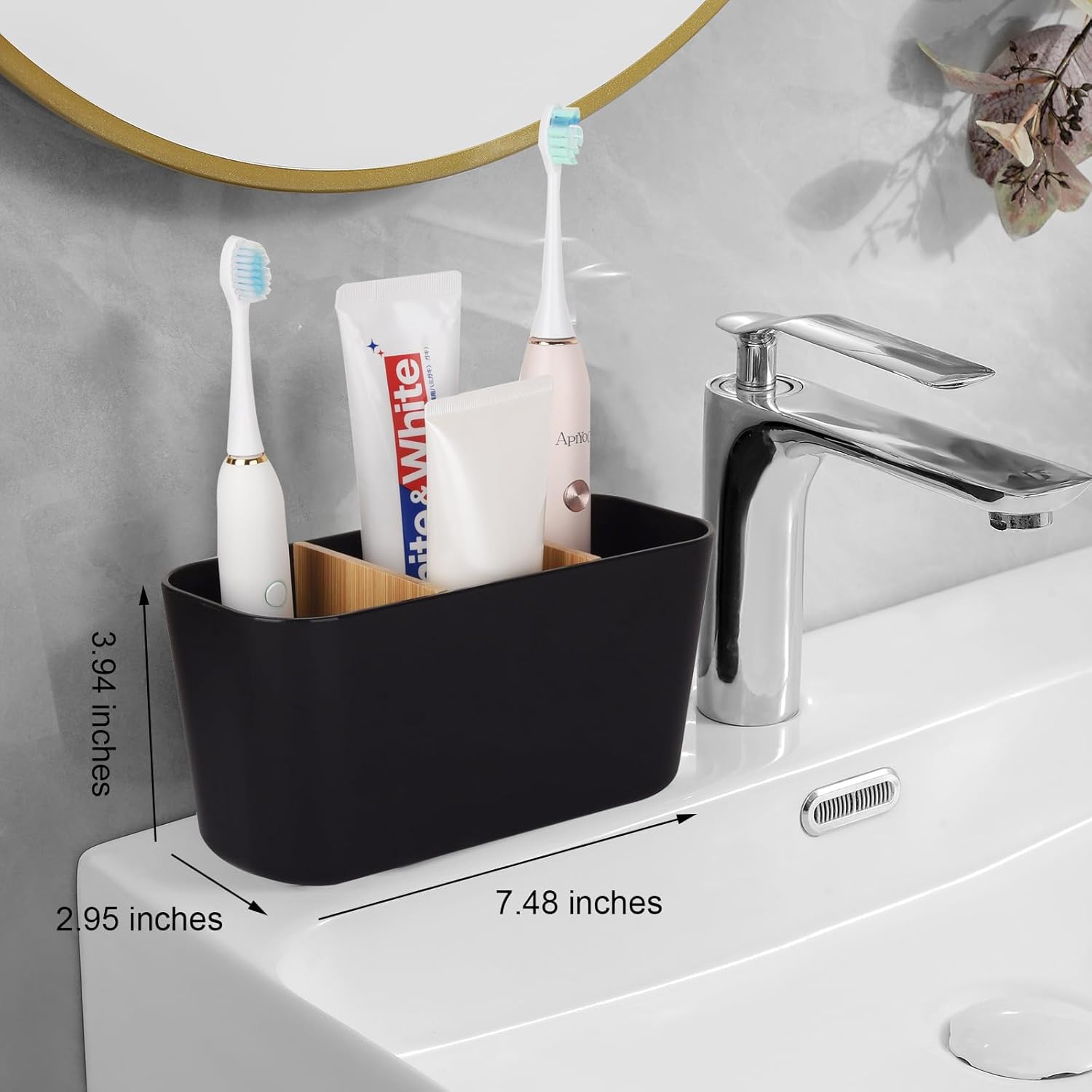 Toothbrush Holders for Bathrooms, Bamboo Tooth Brush Holder with 3 Slots Bathroom Vanity Organizer Countertop for Electric Toothbrushes, Toothpaste, Razors - Black