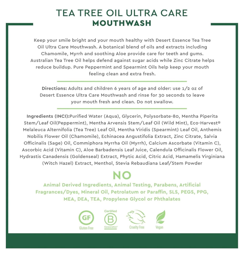 Desert Essence Natural Tea Tree Oil Ultra Care Mouthwash - Mega Mint - 16 Fl Oz - Freshens Breath - Defends Against Sugar Acids - Vitamin C - Soothes Gums - Whitening Floss - Removes Food Debris