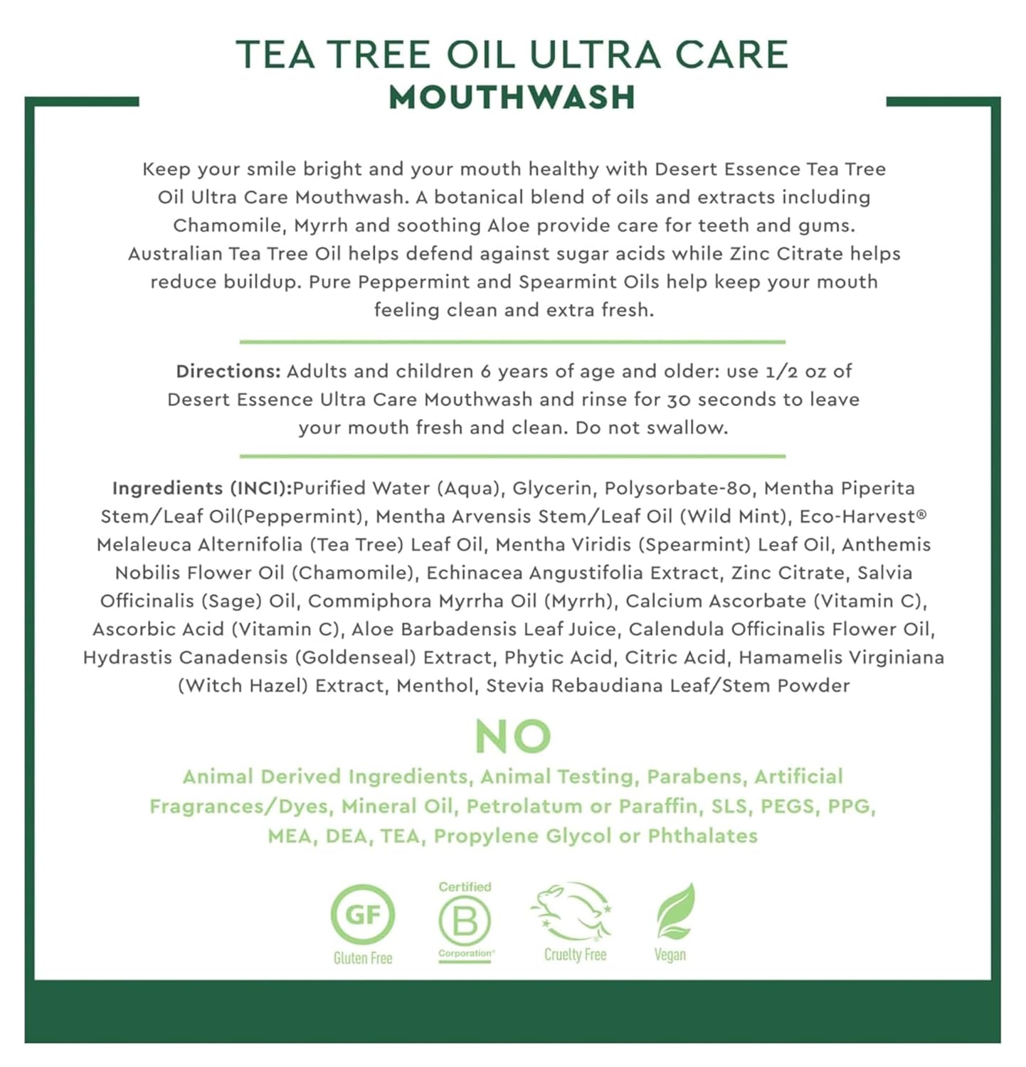 Desert Essence Natural Tea Tree Oil Ultra Care Mouthwash - Mega Mint - 16 Fl Oz - Freshens Breath - Defends Against Sugar Acids - Vitamin C - Soothes Gums - Whitening Floss - Removes Food Debris