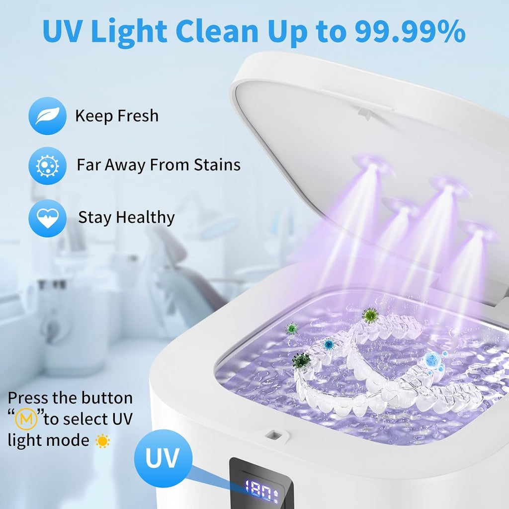 Retainer Cleaner, Ultrasonic Retainer Cleaner Machine 48kHz for Dentures, Mouth Guards, Braces, Toothbrush Heads, Jewelry, Ring with 300ML Capacity, 4 Modes Retainer Cleaning - White