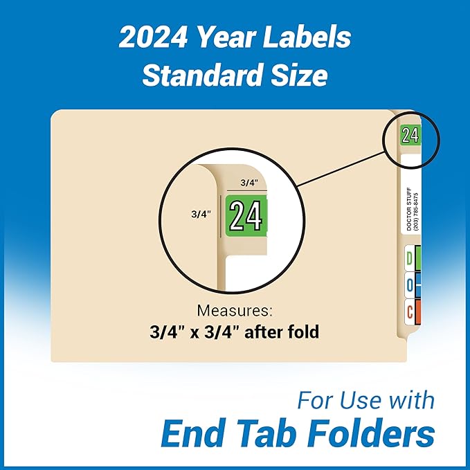 2024 Year Stickers, Doctor Stuff 2024 Chart Stickers, Green/Black Color Coded, Barkley FYBAM Style, USA Made Year Labels for End Tab File Folders, 500/Roll, 1 Roll, 3/4" x 1-1/2"