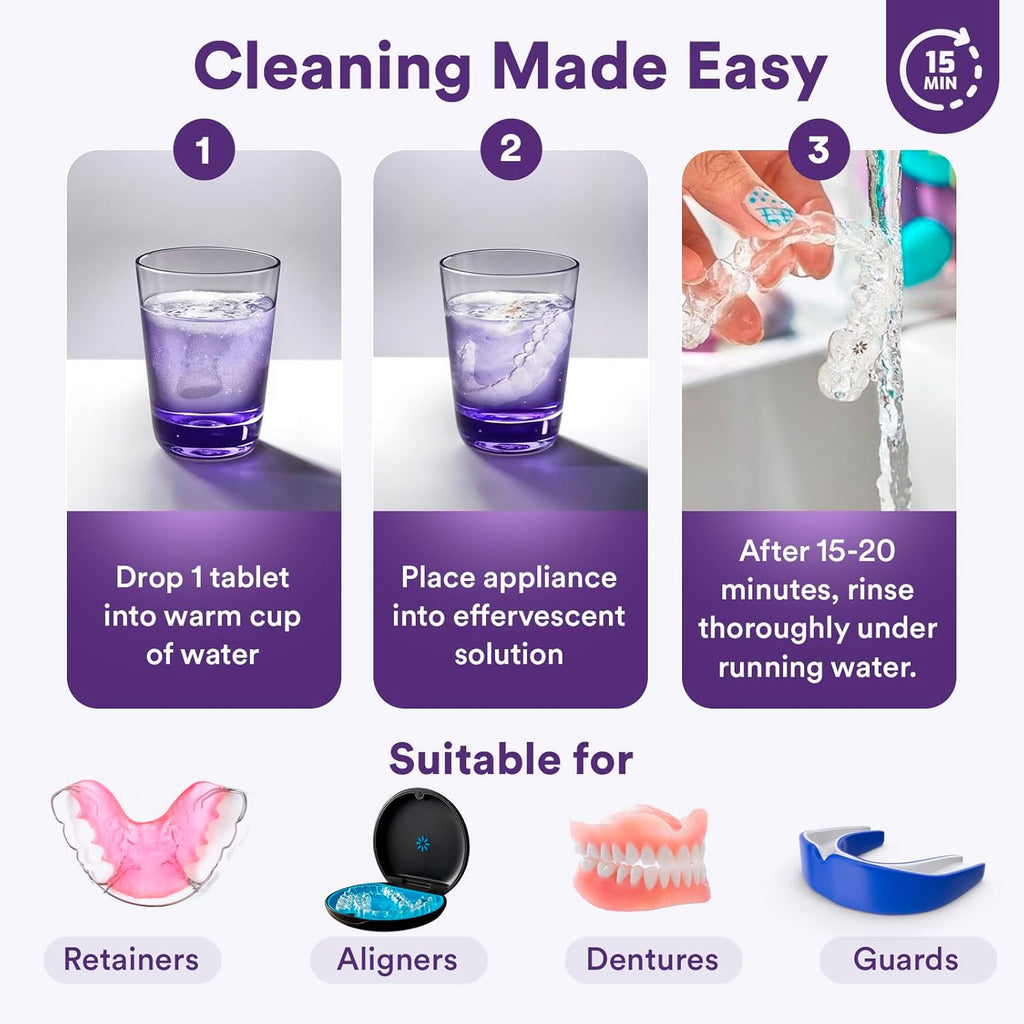 Weiss Naturals Retainer Cleaner Tablets, Invisalign Cleaner, Remove Stains, Odors & Plaque, PERSULFATE FREE Night Guard & Denture Cleaner 2-Month Supply, 60 Grape Scented Tablets