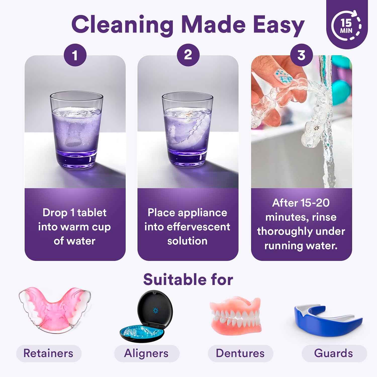 Weiss Naturals Retainer Cleaner Tablets, Invisalign Cleaner, Remove Stains, Odors & Plaque, PERSULFATE FREE Night Guard & Denture Cleaner 2-Month Supply, 60 Grape Scented Tablets