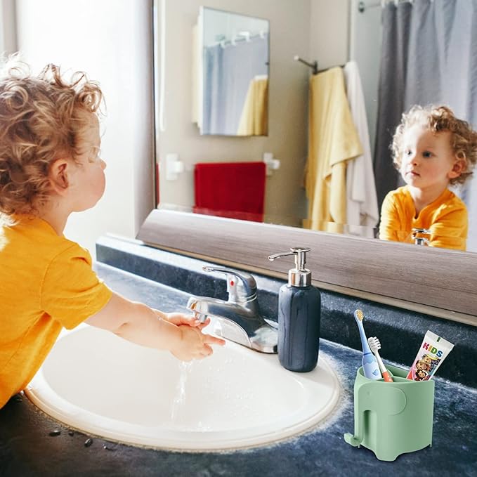 RyanLemon Elephant Toothbrush Holder for Kids,Cute Toddler Toothbrush Holder, Suction Cup Electric Toothbrush and Toothpaste Holder for Toddler with 3 Slots and a Hook for Hanging Bath Ball, Green