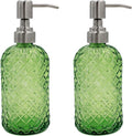 16 oz Diamond Pattern Glass Soap Dispenser, Kitchen and Bathroom Refillable Soap Dispenser with Rust Resistant Stainless Steel Pump for Hand Soap, Lotion Glass Liquid Dispenser(Green-2pack)