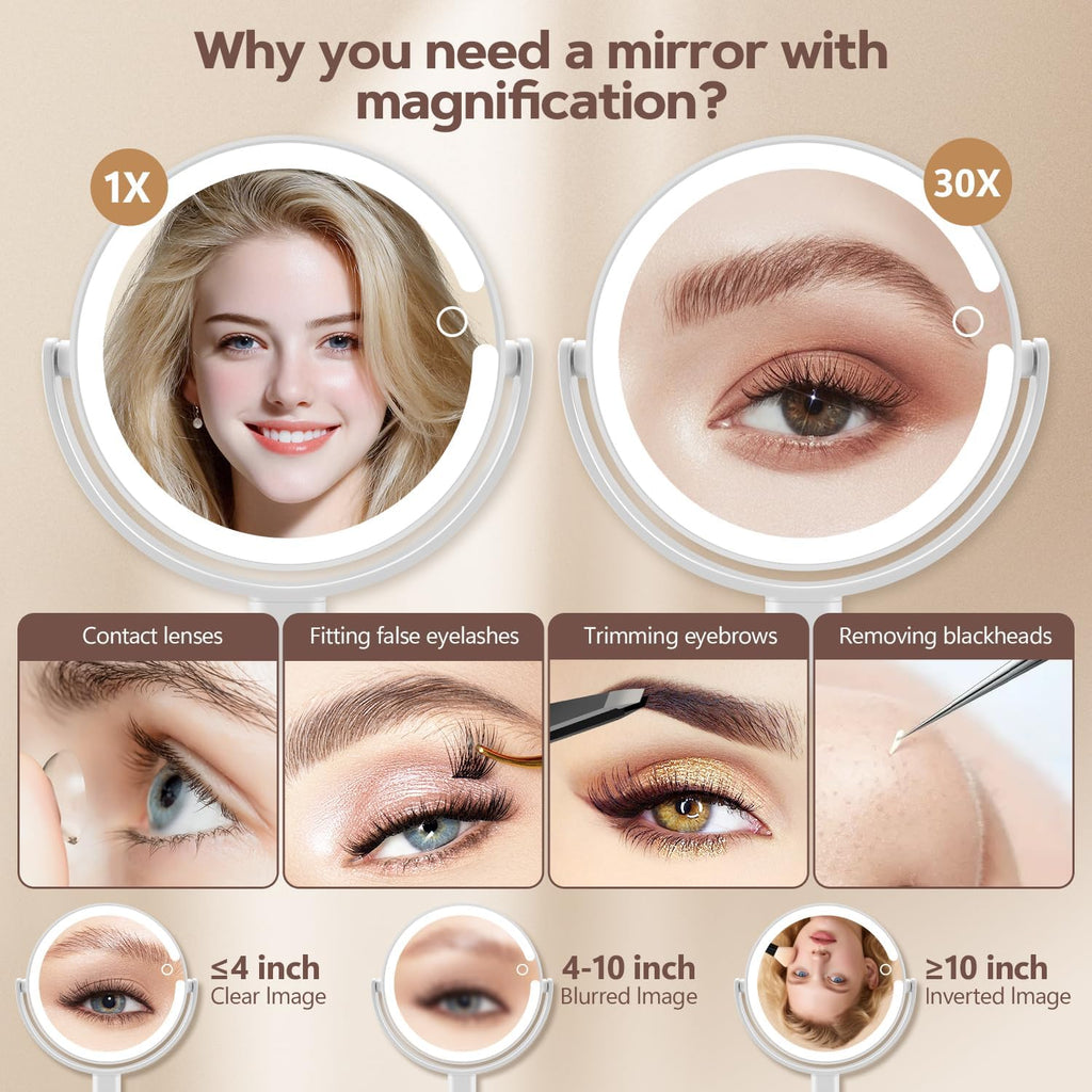 MIYADIVA Makeup Mirror with Lights, 30X Magnifying Mirror with 2-Sided Switch, Vanity Mirror with 3 Colors and Adjustable Brightness, 80 LEDs, Ideal Gift for Daily Makeup and Skincare, 8.8 Inches