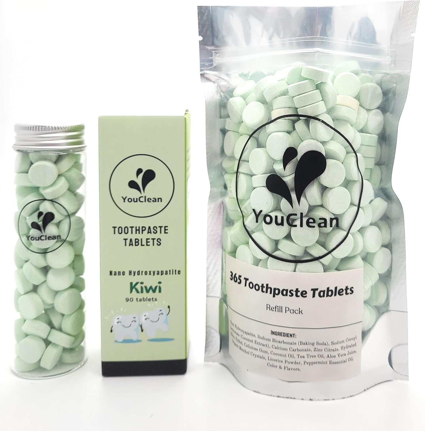 Refill Pack - 365 Toothpaste Tablets - Natural Remineralization & Whitening with Nano Hydroxyapatite - Travel or Daily Use - Fluoride Free (Kiwi365)