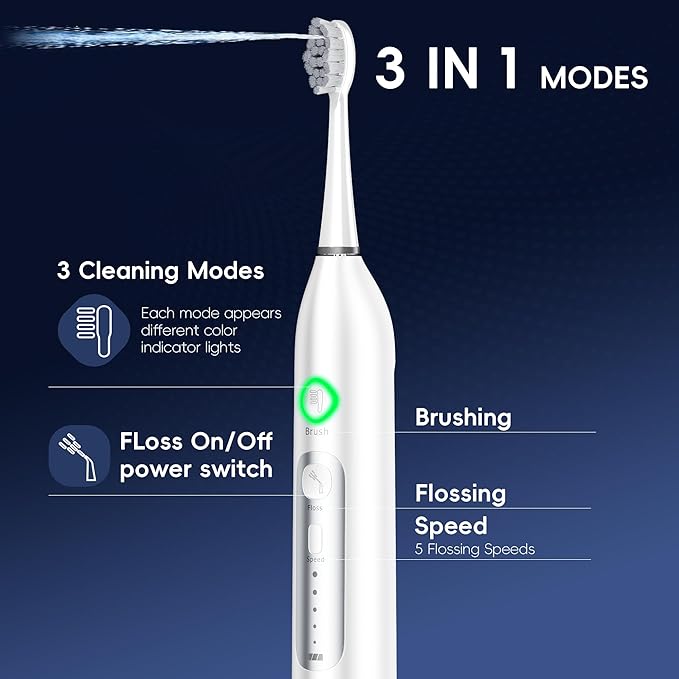 Electric Toothbrush with Water Flosser, 3 Sonic Modes, 5 Flossing Speeds with 3 Brushes + 1 Nozzle, Portable Flossing Toothbrush Combo for Adults Teeth Cleaning Kit for Plaque Removal,White