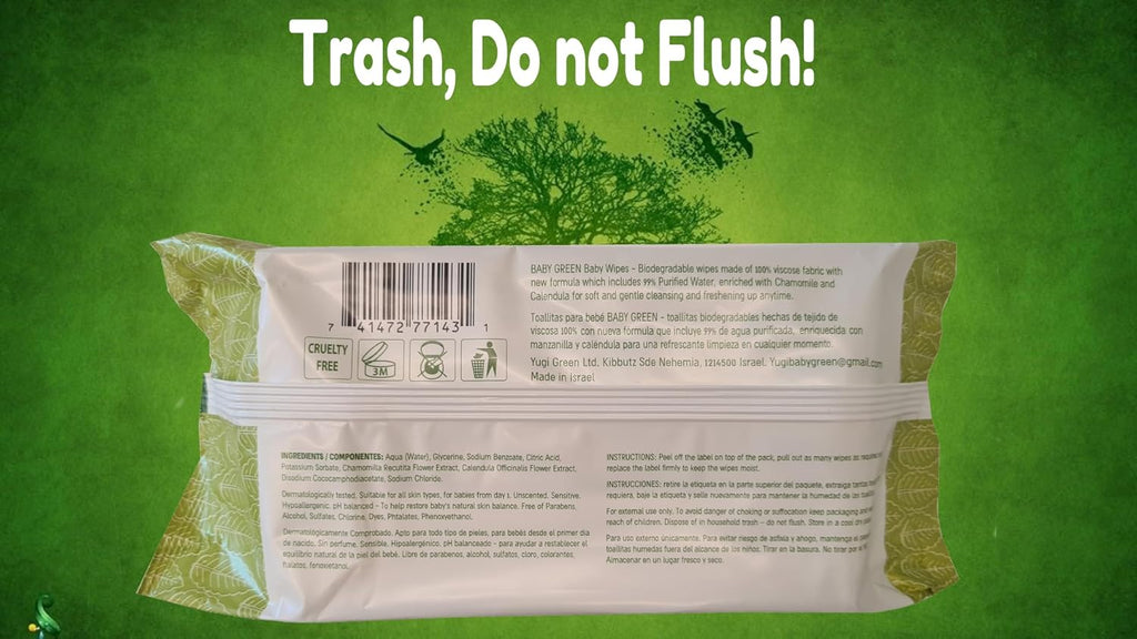 Yugi Green Baby Wipes – Unscented, Compostable, Biodegradable, Plant-Based, Fragrance-Free, for Sensitive Skin & Babies – 6 Packs of 72 (432 Count)