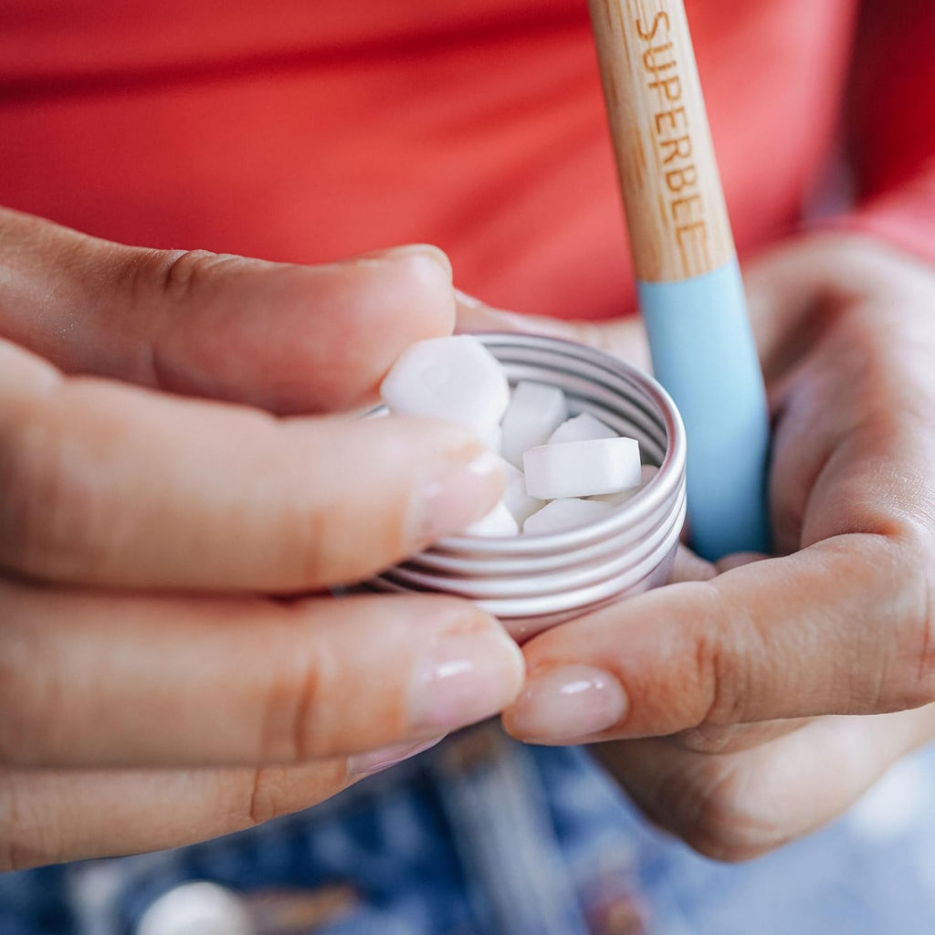 SuperBee Travel kit with Dentos Toothpaste Tablets 14 tabs, Natural Floss, Soft Bristles Bamboo Toothbrush - Fluoride Free & Eco Friendly, Travel Size kit Plastic Free