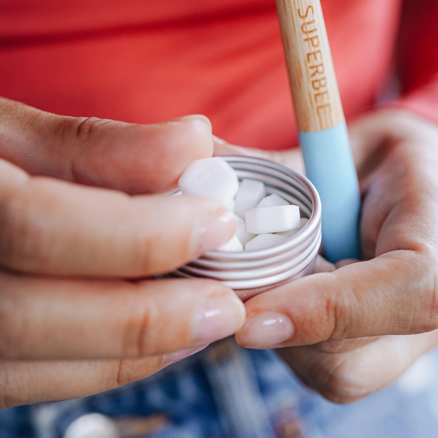 SuperBee Travel kit with Dentos Toothpaste Tablets 14 tabs, Natural Floss, Soft Bristles Bamboo Toothbrush - Fluoride Free & Eco Friendly, Travel Size kit Plastic Free