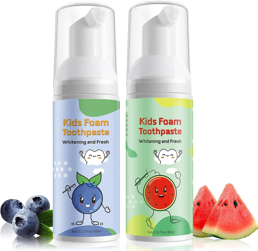 Foam Toothpaste Kids,Toddler Toothpaste with Low Fluoride & Natural Formula to Reduce Plaque, Kids Toothpaste for U Shaped Toothbrush for Children Ages 3 Plus (120 ML, Watermelon & Blueberry)