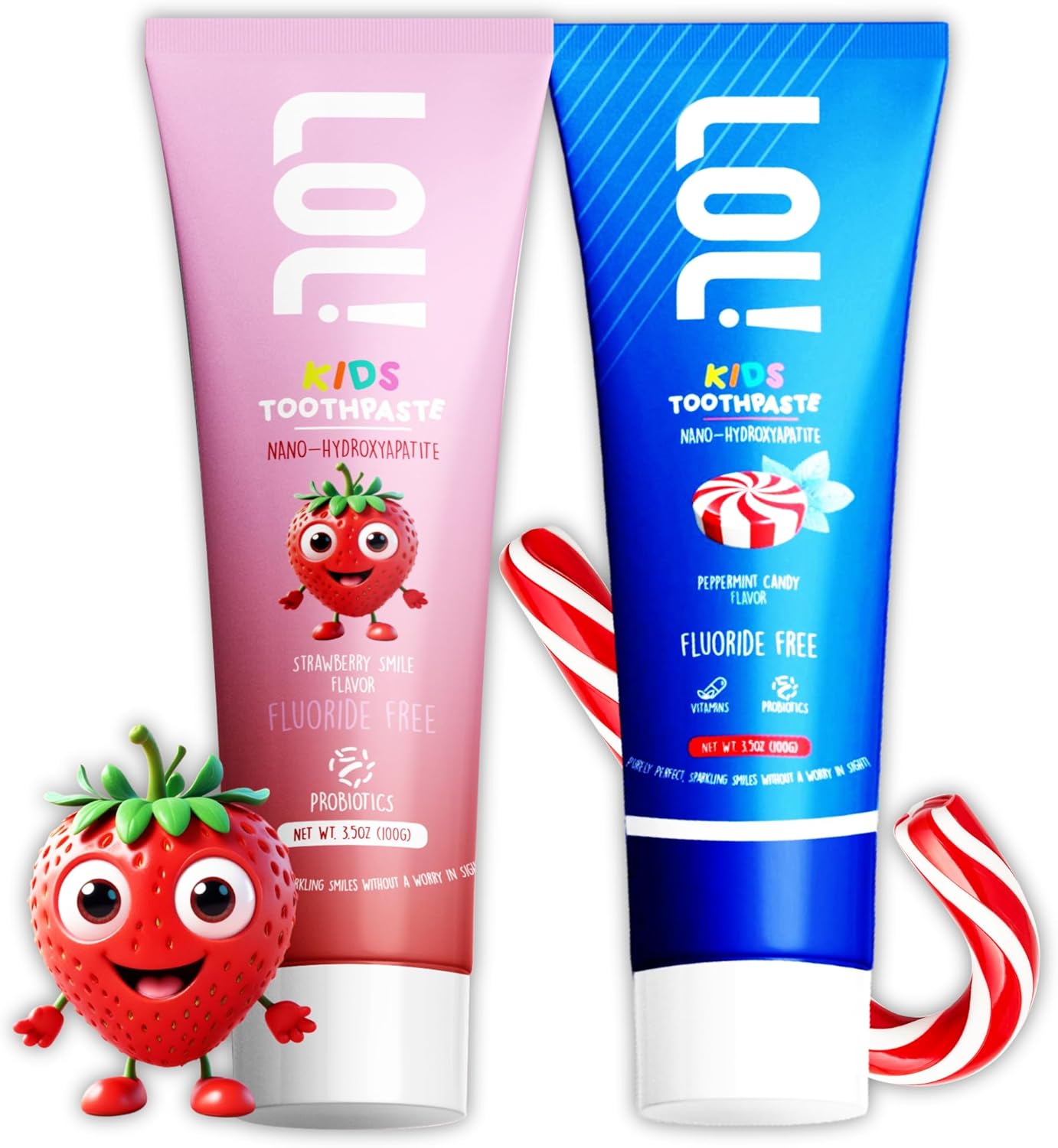 LOL Kids Toothpaste | Fluoride Free 2-Flavors Pack | Nano Hydroxyapatite Toothpaste, Probiotics, Vitamins A, C, E | Safe if Swallowed, No SLS | 1 Strawberry, 1 Peppermint