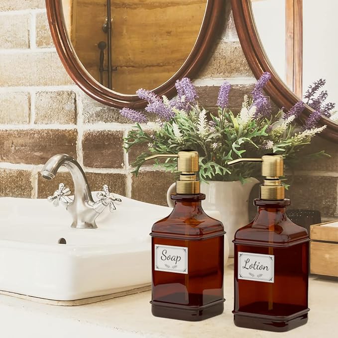GLADPURE Soap Dispenser 2 Pack, Hand Soap Dispensers with 18 Oz Antique Design Thick Amber Glass Bottle, 316 Rust Proof Stainless Steel Pump, 6Pcs Stickers, for Lotion, Soap - Brushed Gold