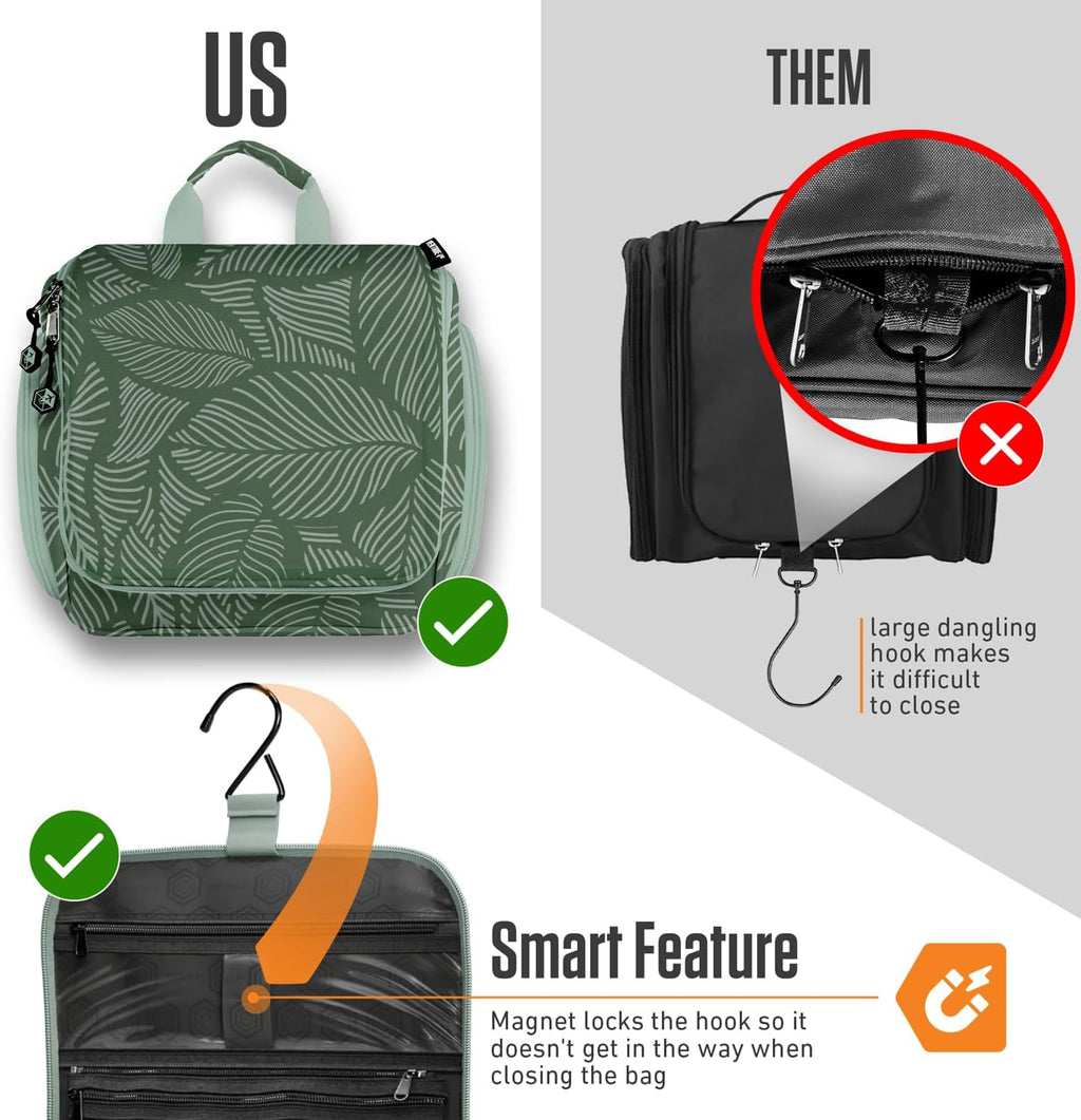 VENTURE 4TH Hanging Travel Toiletry Bag for Women & Men - Travel Organizer with Expandable Compartments & Removable Clear Pouch for Toiletries (Green Leaves)