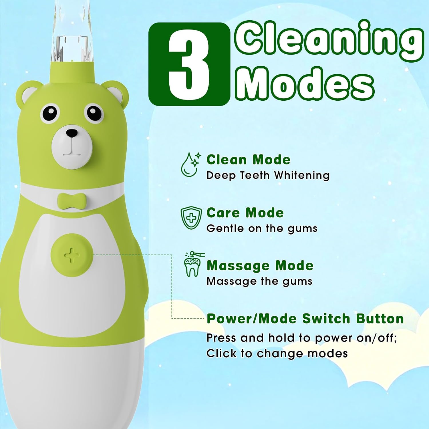 Kids Electric Toothbrush Sonic Battery-Powered for Toddler Ages 2-10, 2-Min Smart Timer LED Light with 3 Color Cleaning Modes, Green FunBear Boys Girls 2 Replacement Heads