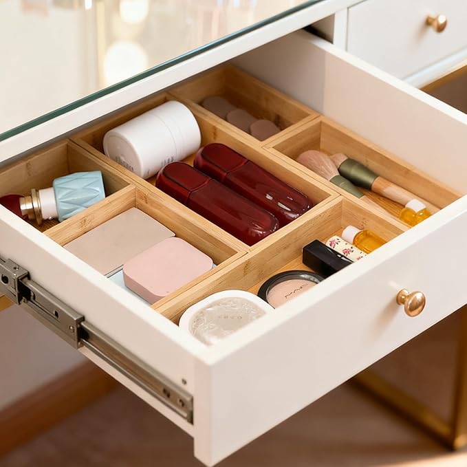 Bamboo Drawer Organizers Set, 3PCS Multi-Use Wood Storage Organizers, Desk Drawer Tray for Kitchen, Bathroom, Office, Dresser, Bamboo Box Bin for Jewelry, Makeup, Junk, Gadgets