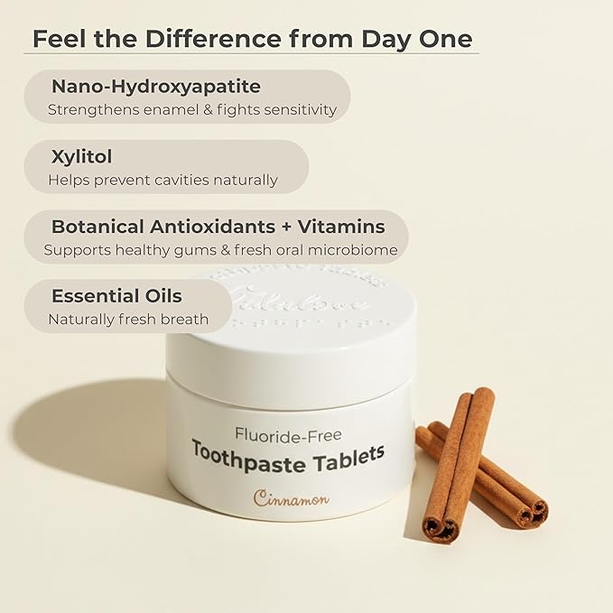 Cinnamon Fluoride-Free Toothpaste Tablets with Nano Hydroxyapatite | Natural Whitening, Enamel Strengthening, Plastic-Free & Travel-Friendly (4 Month Refill)