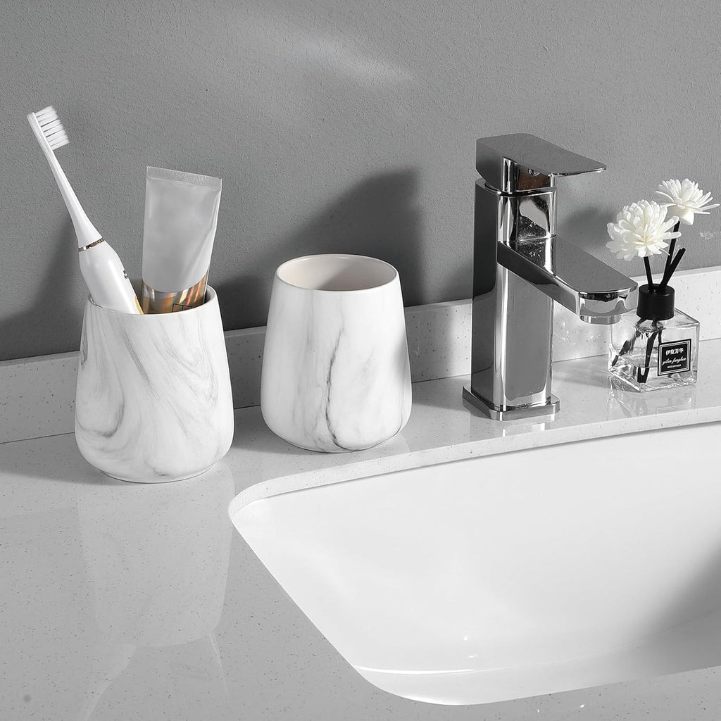 2Pcs Toothbrush Holder for Bathroom - Marble White Ceramic Tooth Brushing Holders Set, Toothbrush Cup & Toothpaste Organizer for Bathroom Countertop, Makeup Brush Holder, Pen Holder for Home Storage