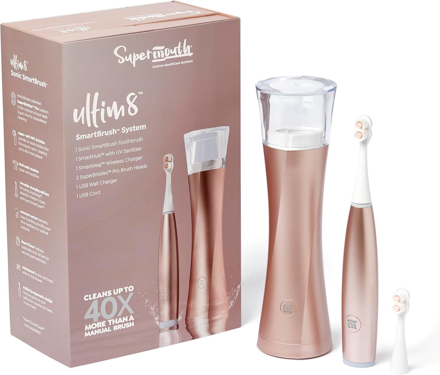 SuperMouth® ULTIM8 SmartBrush™ System - Electric Toothbrush, Patented SuperBristles® Clean 40X Better, UV Sanitizing & Drying SmartHub®, Dual Sonic Modes, Pressure Sensor - Teens & Adults - Rose Gold