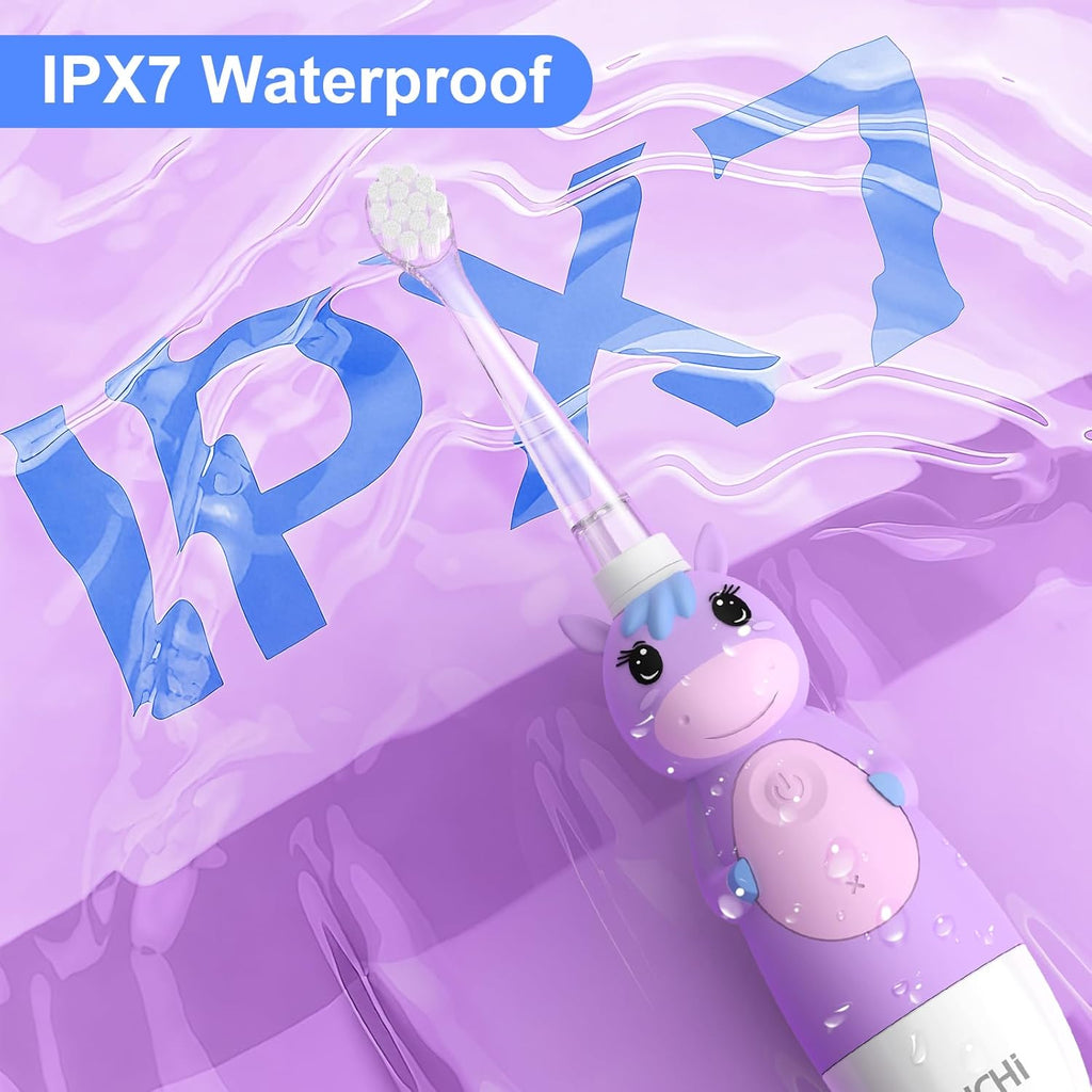 YUNCHI Toddler Electric Toothbrush Kids 0-3-6 Years, Baby Electric Toothbrush with Colorful LED Light, Battery Powered Toddler Toothbrush with 2 Minutes Timer 4 Brush Heads, Infant Toothbrush (Purple)