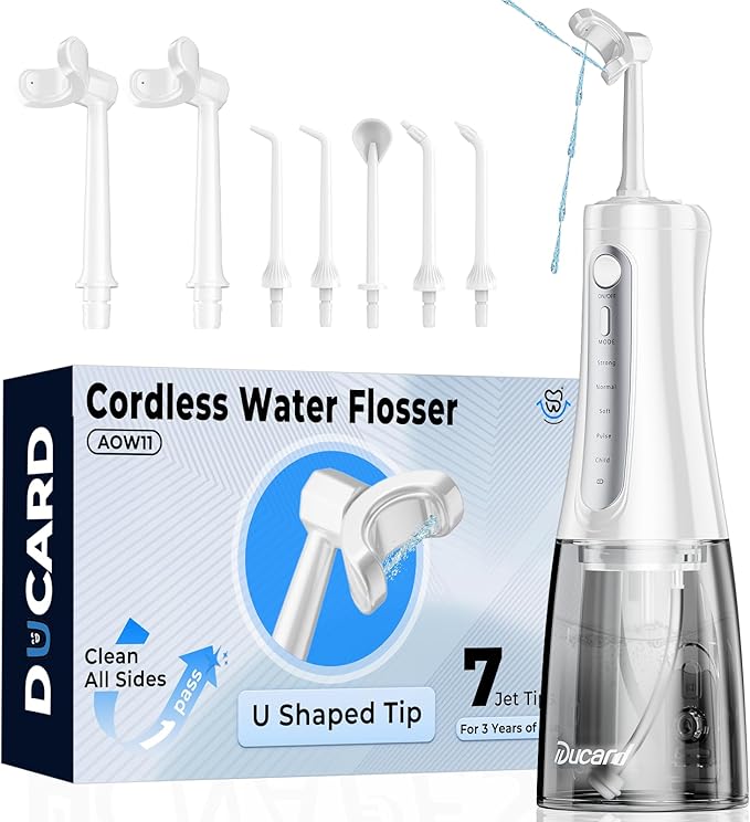 Cordless Water Flosser for Teeth, U-Shaped Flossing 360° Deep Clean, 5 Modes 7 Jet Tips for Adult & Child, Portable Rechargeable Dental Flosser Pick for Braces, Travel, 350ML Large Tank