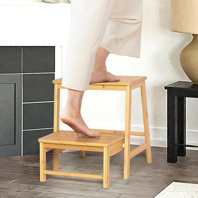 Bamboo Folding Climbing Step Stool, 2 Step Ladder Multi-Functional Stair Chair with Sturdy Structure, Non-Slip Step Pads, Wide Stepping Surface for Safety, Simple Folding Stool for Bathroom, Kitchen