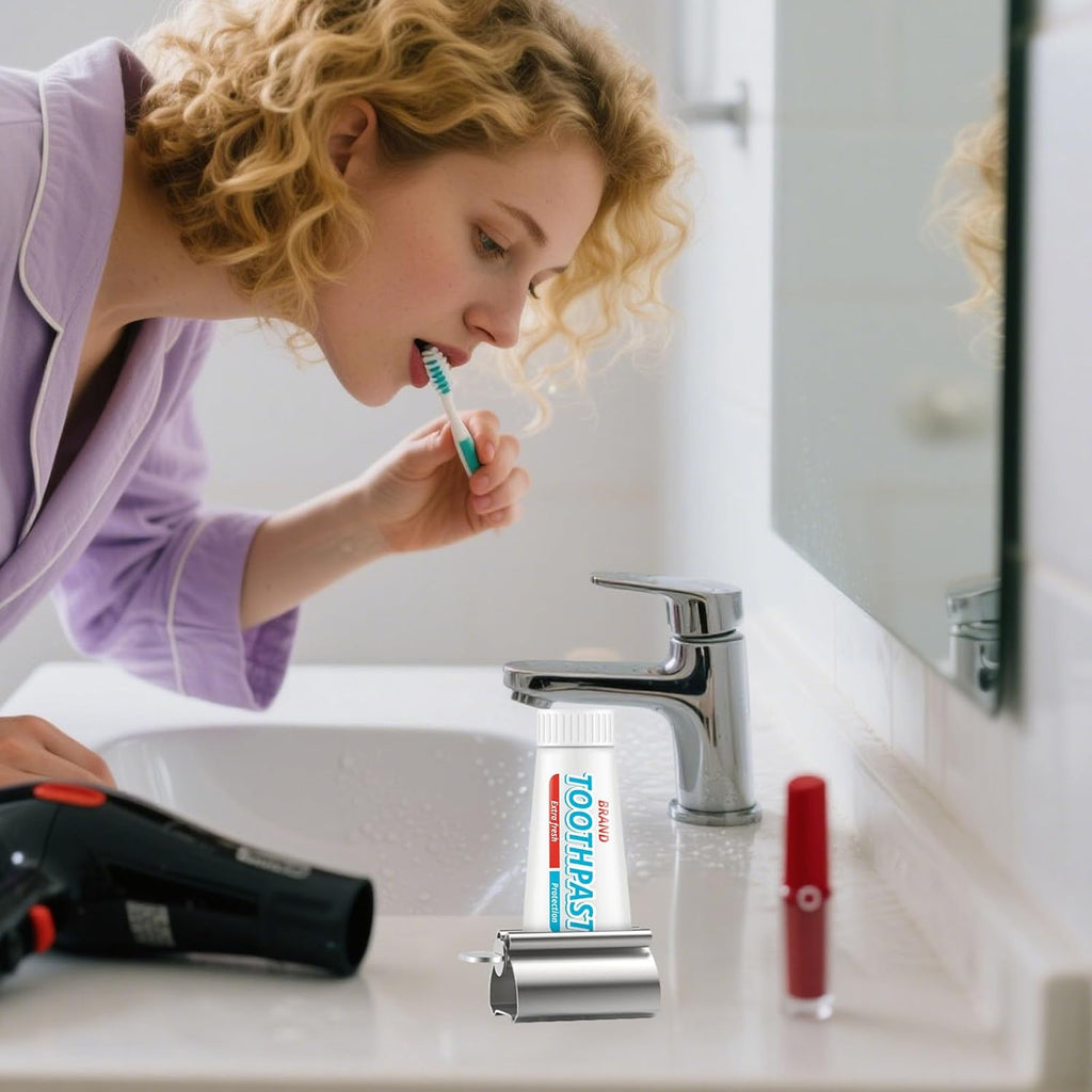 LOVEINUSA Toothpaste Tube Squeezer Dispenser, 1PCS Toothpaste Roller Squeezer Tool Metal Stainless Steel Tooth Paste Holder for Bathroom, Silver