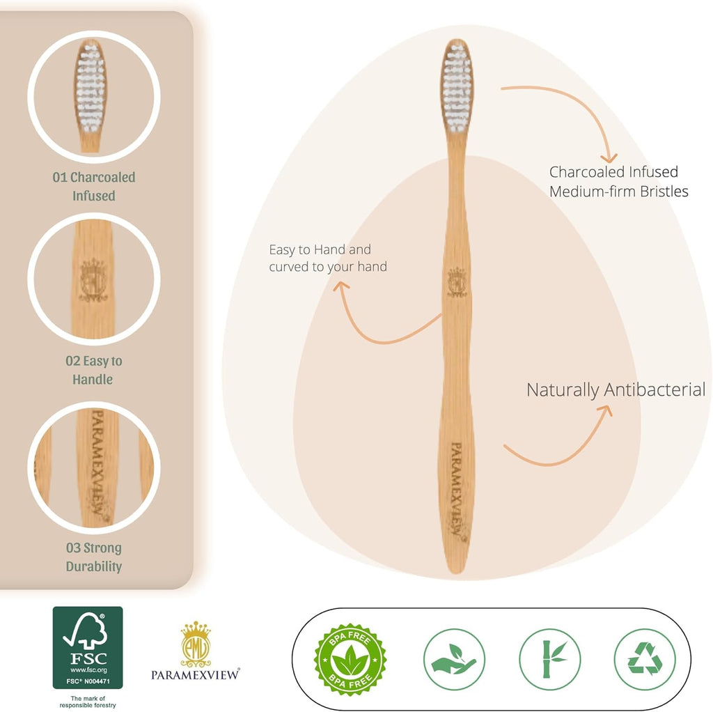 Paramexview® Natural Bamboo Toothbrushes Set of 4 | BPA-Free Medium Bristles, Eco-Friendly | Biodegradable Handle, Charcoal Infused and Organic Base (White)