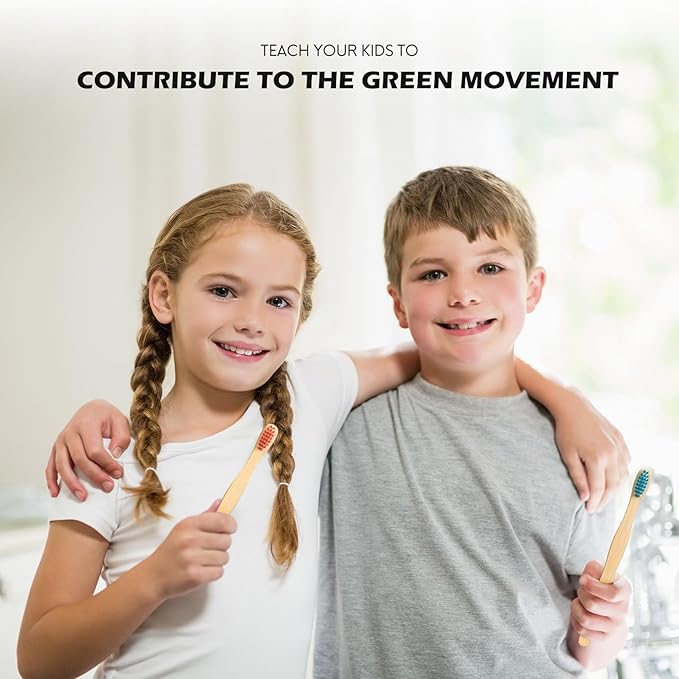 Kids Bamboo Toothbrushes Biodegradable Handle BPA Free Eco Friendly Children Size, Pack of 4